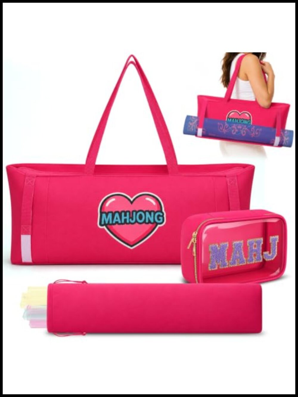 Canvas Mahjong Tote Bag Set with Clear Tile Pouch, Storage Carrier for Tiles